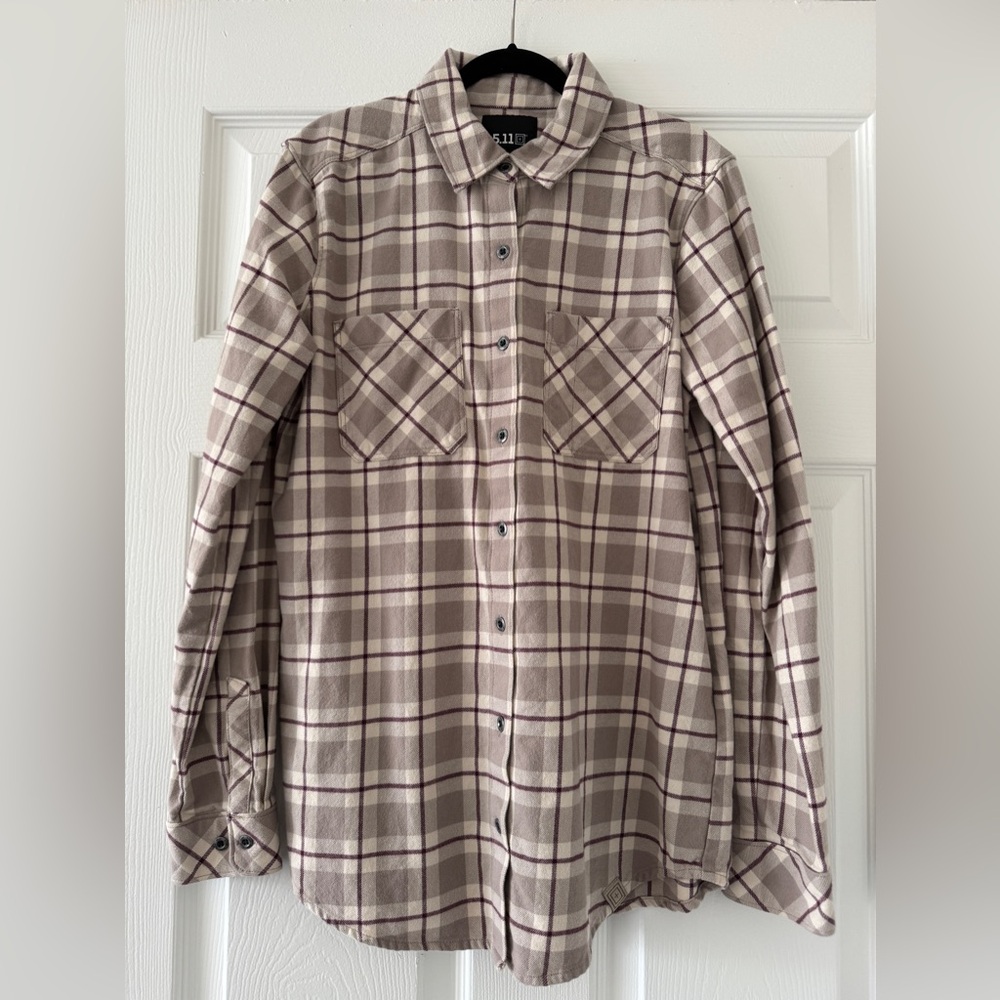 5.11 Tactical Flannel Shirt Womens S Small Plaid Brown Beige Long Sleeve Pockets